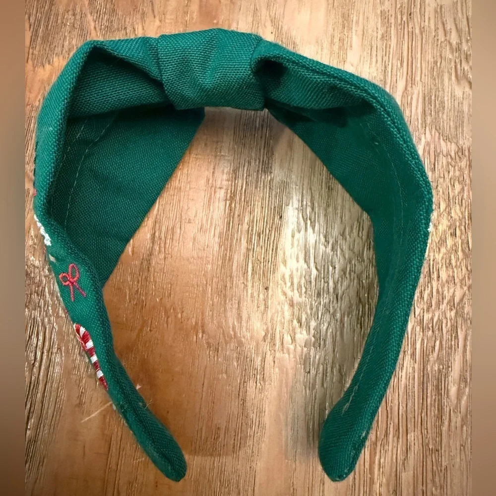 Festive Green Red Christmas Headband with Holiday Embroidery